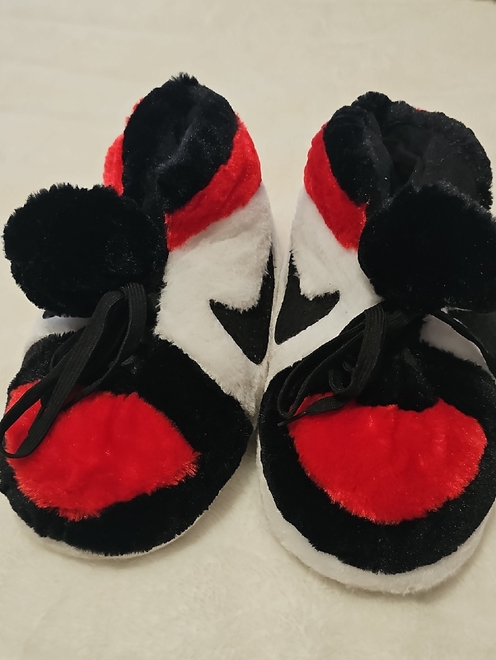 Plush Kids Slip-On Slippers in Black, Red & White